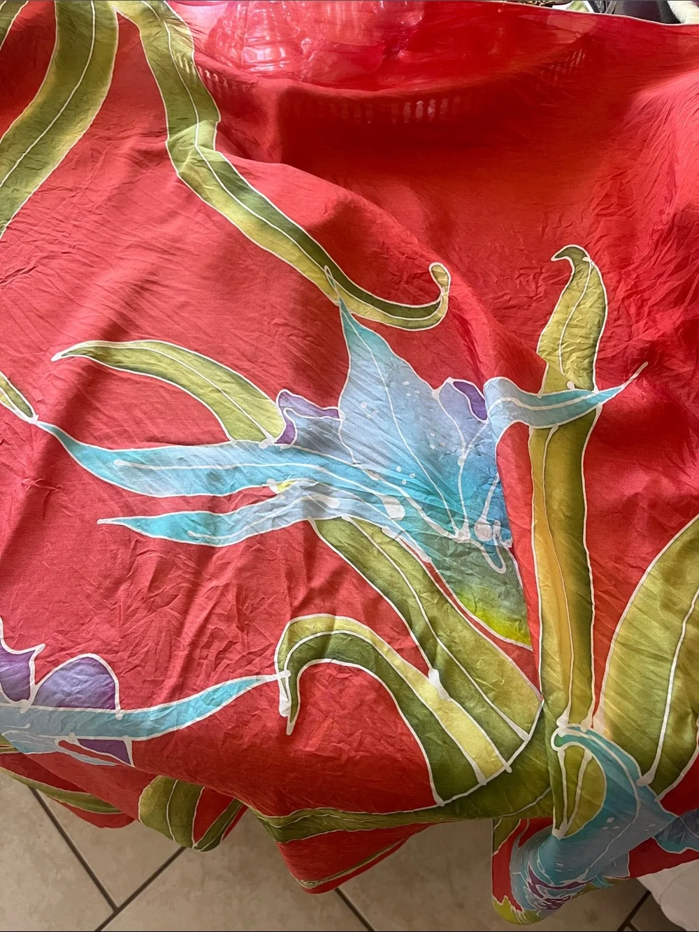 Vintage Faruzzi reddish orange silk blend scarf with flowers 33